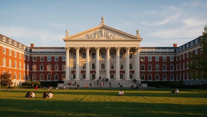 Obraz premium Classical educational institution building with grand facade and columns, emphasizing academic heritage, learning and campus life