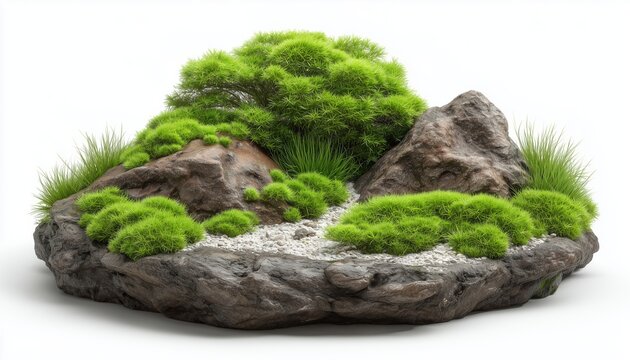 Lush Green Moss And Decorative Rocks Mixed With Vibrant Grass Set Against A White Background For A Stunning Display.