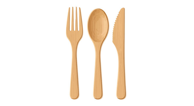 Wooden cutlery set including fork, spoon, and knife on white background