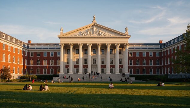 Classical educational institution building with grand facade and columns, emphasizing academic heritage, learning and campus life