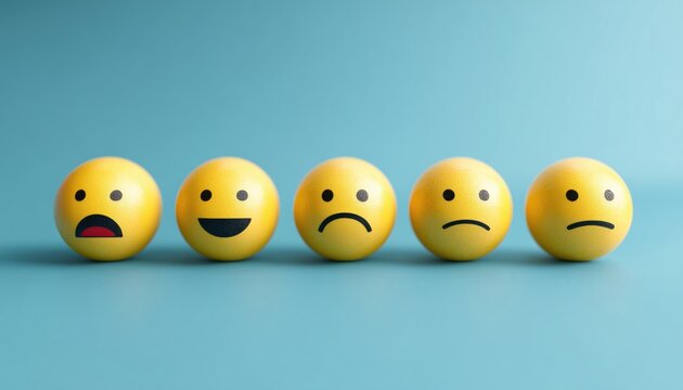 Yellow Facial Expressions Depicting Positive And Negative Emotions Against A Blue Background, Used As A Rating System For Customer Reviews.