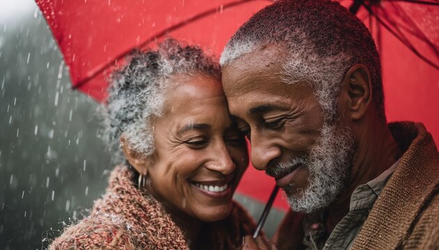 Elderly African American Couple Sharing An Umbrella To Shield Themselves From The Rain, Standing Close In Unity And Protection