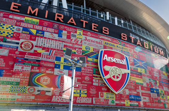 London. UK- April 12. 2026. The Arsenal Football Club symbol on the facade of the Emirates Stadium.