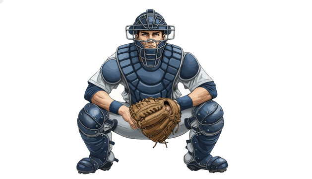 A cartoon baseball catcher in full gear crouching down with a glove