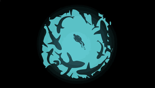 A scuba diver surrounded by sharks in the dark ocean water