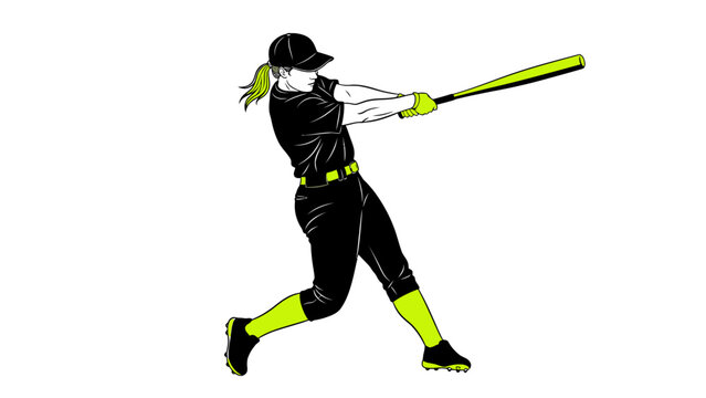 A female softball player swings a bat with dynamic motion and focus