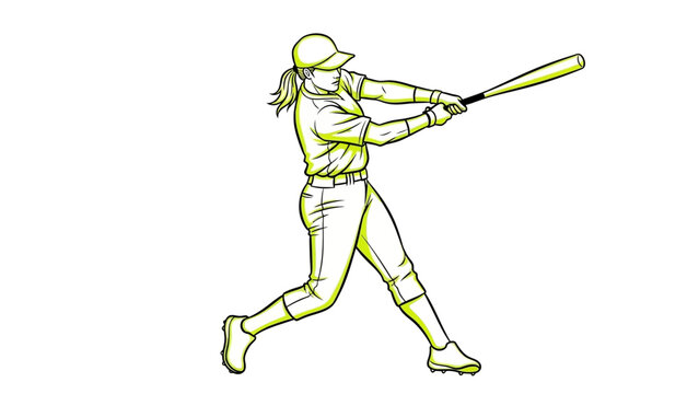 A female baseball player swings a bat with dynamic motion and focus