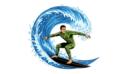 Fototapeta premium A surfer in a green wetsuit riding a large blue wave