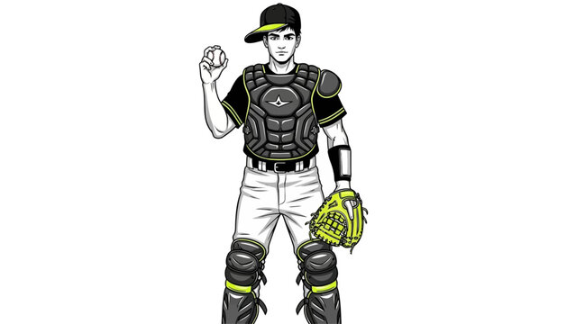 A cartoon baseball catcher in full gear stands confidently on the field