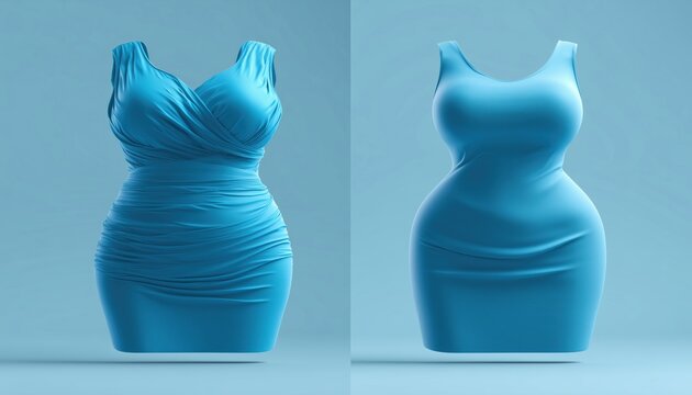 Comparison Of Outfits On Overweight Female V.S Healthy Body On Slim Woman After Weight Loss Or Diet, In Blue Background. Fitness And Nutrition For Obesity.