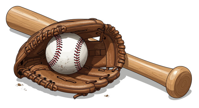 A baseball glove and bat with a ball on a white background