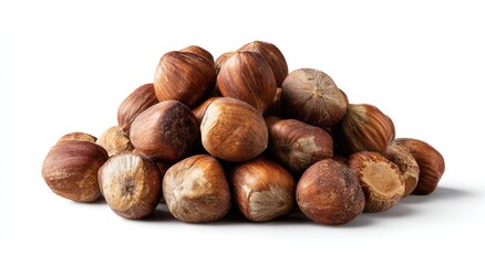 Fototapeta premium Pile of whole, uncracked hazelnuts with textured shells against a white background