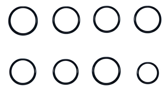 Eight black O-rings of various sizes arranged in two rows on a white background.