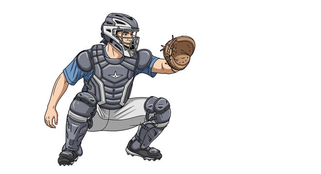 A cartoon baseball catcher in protective gear crouching and ready to catch