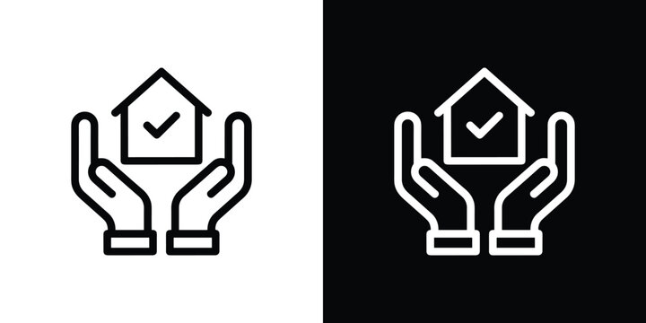 Hands protecting house with check mark icon, home insurance security concept