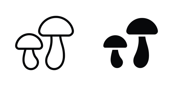 Minimal mushroom icon set in line and solid style, simple fungi symbol isolated on white background