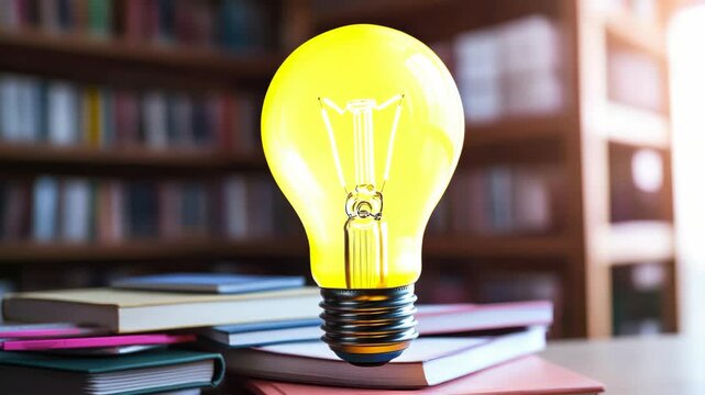 A single glass light bulb illuminated against a blurred backdrop of books. A vintage aesthetic with modern appeal.