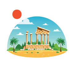 Obraz premium Ancient temple ruins illustration with palm trees and sunlight over horizon