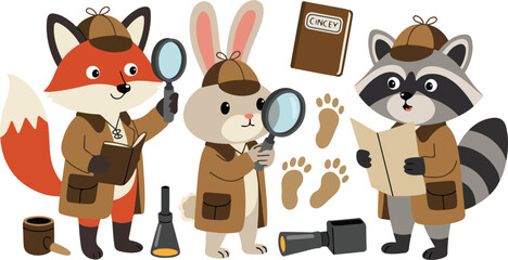 Whimsical woodland animal collection featuring a cute fox bear raccoon rabbit and hedgehog for children nursery decor and forest nature themed flat vector illustration design © MDESAHAQUE