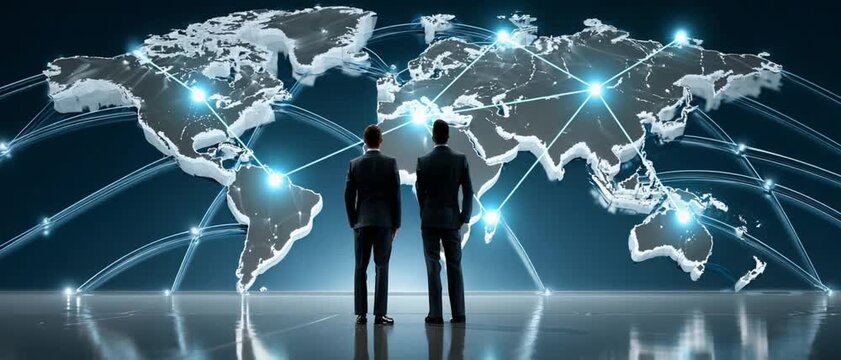 Global Vision: Two figures gaze upon a glowing world map, a testament to international collaboration and global strategy. This image captures the essence of interconnectedness and ambitious goals.