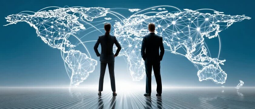 Global Strategic Planning: Two silhouettes of business figures stand poised before a dynamic map of the world, a symbol of global ambition and strategic vision.