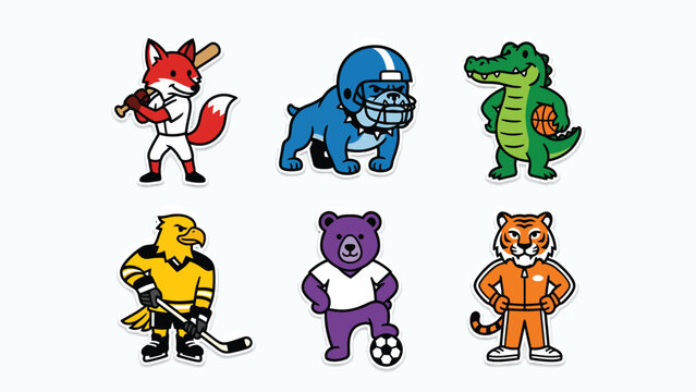 Cartoon Animal Sports Mascots Set. Diverse Animal Athletes in Athletic Uniforms for Baseball, Football, Basketball, Hockey, Soccer