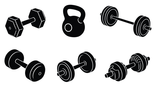 Black and White Weightlifting Equipment Icons Set. Dumbbells, Kettlebell, Barbells for Gym & Fitness.