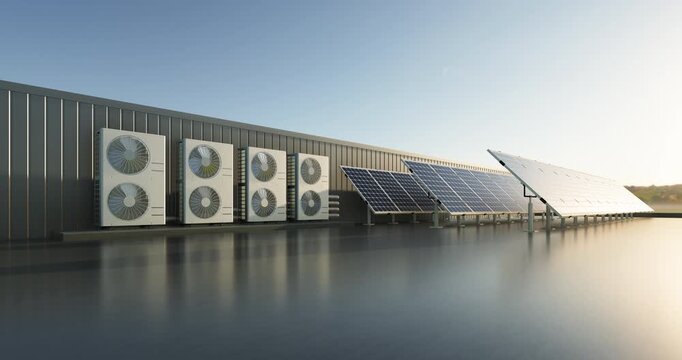 3D rendering of solar panel array operating alongside row of outdoor air condenser units on concrete rooftop deck. Set against metal siding wall and clear sky, highlights smart building design.