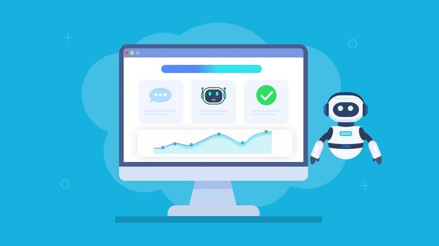 Friendly robot assistant interacting with automated dashboard featuring camera monitoring, analytics charts, and progress indicators in smooth animation, representing smart surveillance and data workf