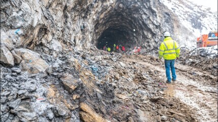 Fototapeta premium Workers ready rocks and soil by a mountain tunnel entrance