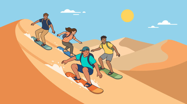 People sandboarding down a sandy dune.