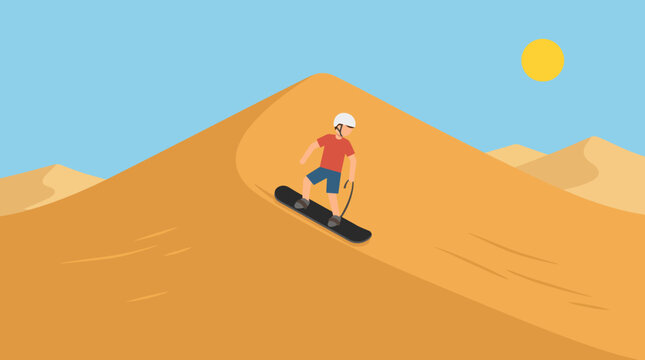 Man sandboarding down a dune hill.