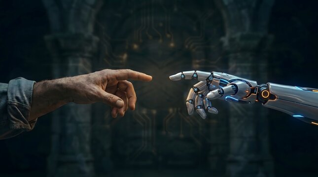 Human and Robot Hand Reaching Toward Each Other Symbolizing Human-AI Collaboration Partnership