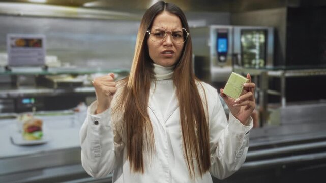 Young brunette woman holds a green soap bar with a clenched fist gesture in a commercial kitchen; consumer frustration.