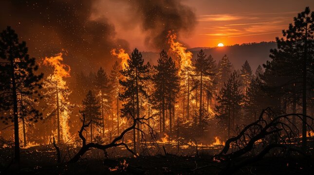 A fierce forest wildfire burns pine trees at sunset, sending smoke and embers into the sky amid a dark, smoky atmosphere.