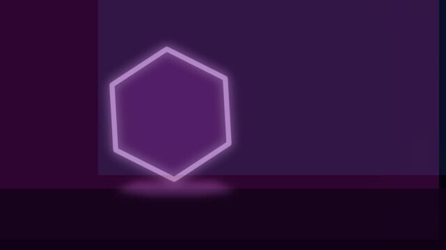 Glowing purple geometric cube rotating in dark space rotation