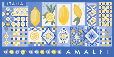 A vibrant artistic composition featuring lemons and italian tile patterns © BasobiBala