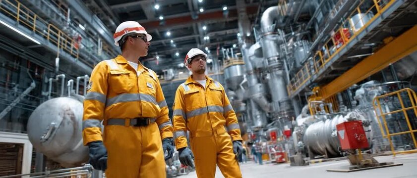 Power Plant Workers in the Engineering: Two industrial workers, clad in safety gear, survey the intricate machinery of a modern power plant, showcasing industry and infrastructure.