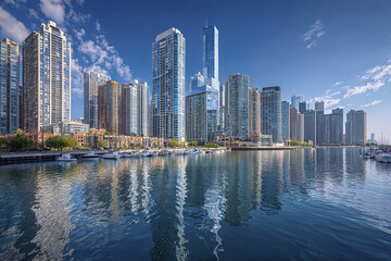 Obraz premium Urban panorama of Chicago skyline with waterfront lake view reflecting modern glass skyscraper buildings under blue sky with scattered clouds on sunny day