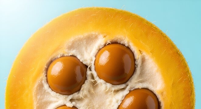 Close Up of Exotic Yellow Fruit Section with Three Shiny Brown Seeds