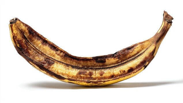 Overripe, bruised banana split lengthwise, showing darkened flesh and mushy texture