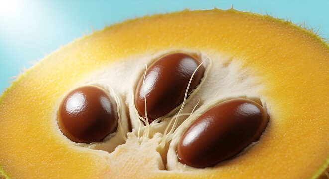 Close Up of Exotic Fruit Cross Section with Large Brown Seeds