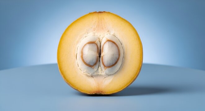 Cross Section of Exotic Abiu Fruit with Large Seeds on Blue Background
