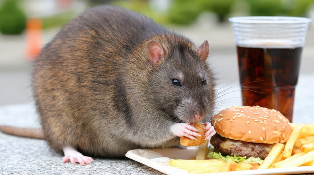 An extremely overweight rat is eating fast food in the street