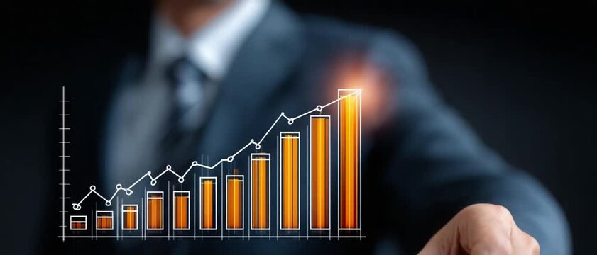 Business Growth: An executive in a dark suit points towards a growing chart, showcasing business expansion, innovation, and strategic goals.