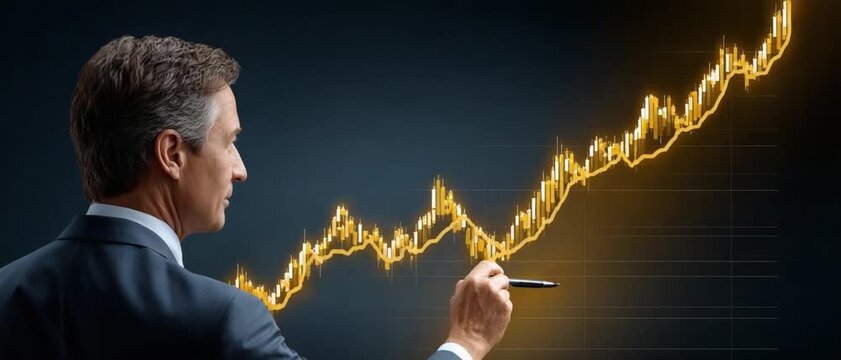 Financial Forecaster: A focused individual in professional attire meticulously charts the course of financial growth, illuminated by a glowing line of progress. 