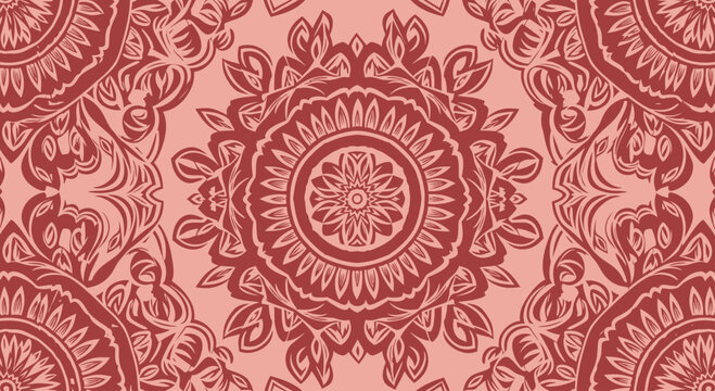 Ornate, symmetrical red mandala pattern on a lighter pink background
