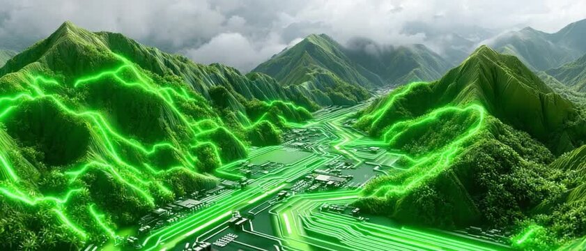 Digital Landscape: A visualization of a circuit board transformed into a majestic mountain landscape, where glowing neon circuits trace the natural contours.