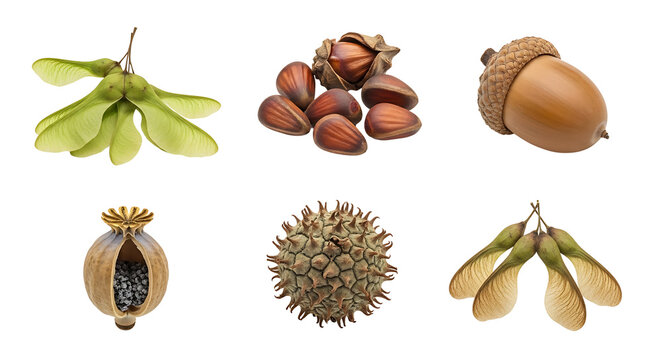 A collection of six different types of seeds and seed pods, including maple seeds, acorns, beech nuts, poppy seeds, and sweet gum balls.