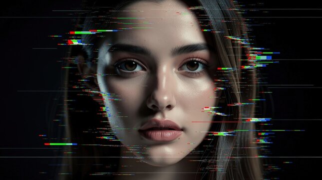 A close-up portrait of a woman with a digital glitch effect distorting parts of her face against a dark background.